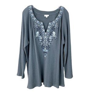 J Jill Womens XL Tunic Top Waffle Knit Long Sleeve Embroidered Boho Lagenlook
